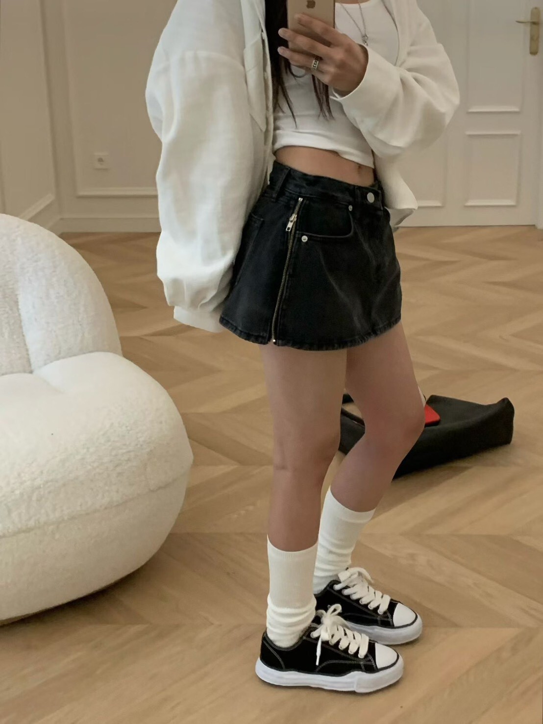 #AF110拉鍊造型牛仔褲裙(黑/中青)