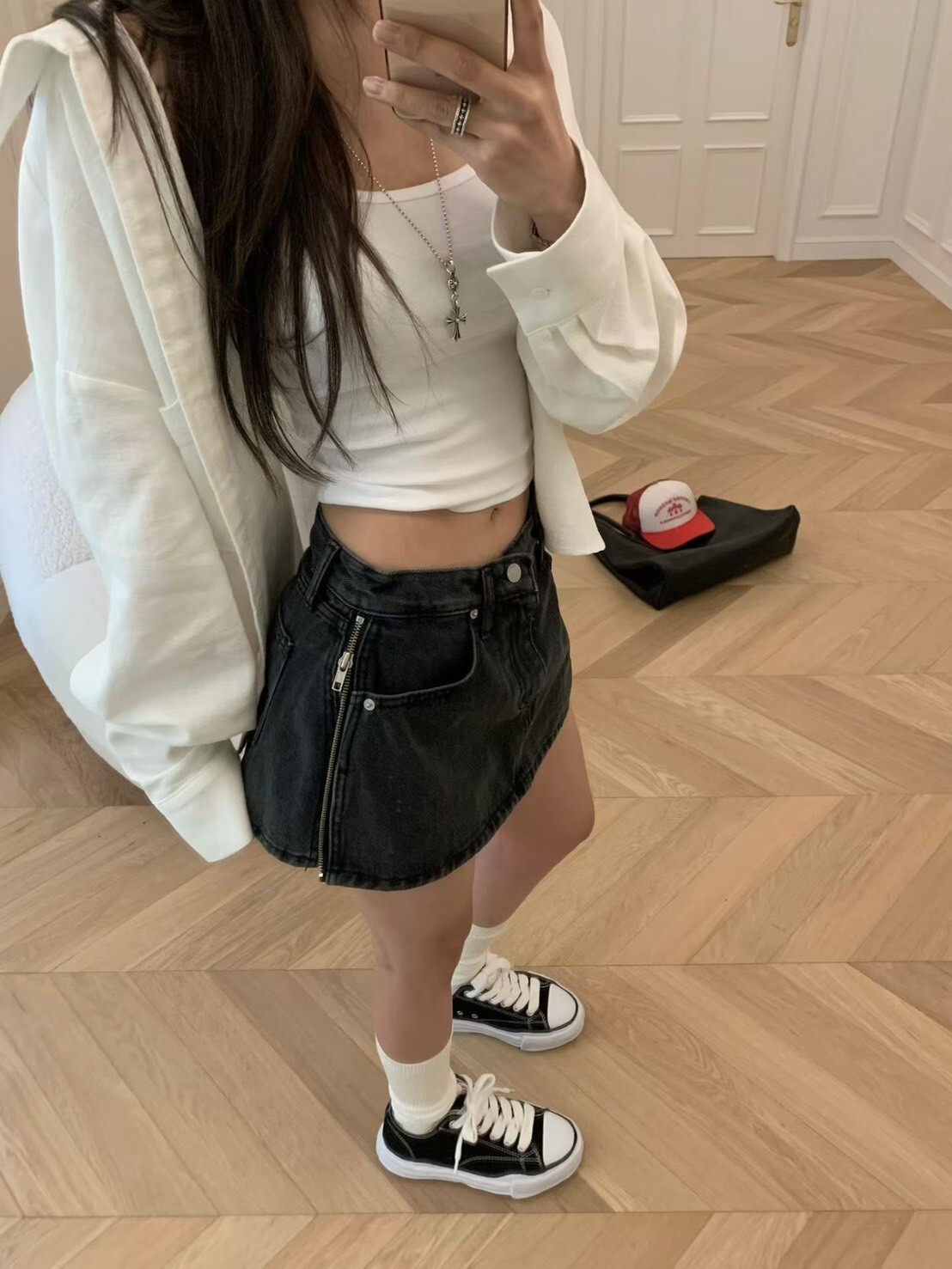 #AF110拉鍊造型牛仔褲裙(黑/中青)