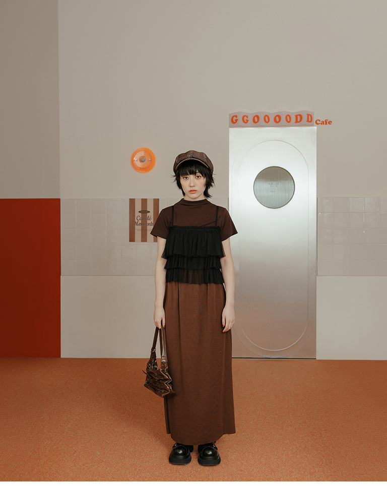 Ribbed back slit straight maxi skirt - brown S/M/L【03021713】in stock+pre-order