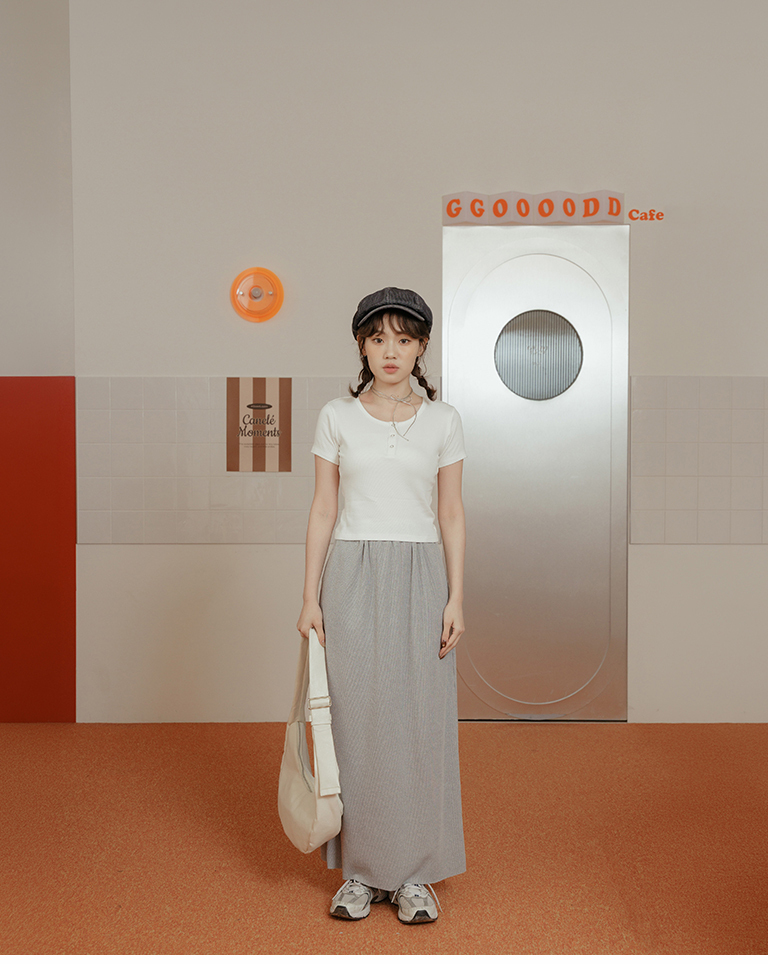 Ribbed back slit straight maxi skirt - gray S/M/L【03021714】in stock+pre-order