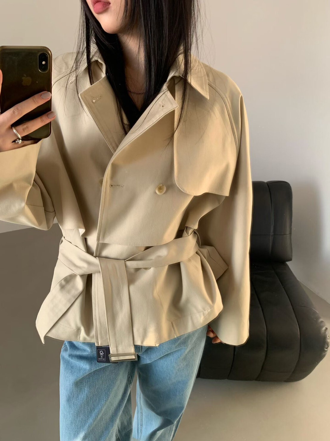 #AF113俐落短版綁帶風衣(杏/深藍)