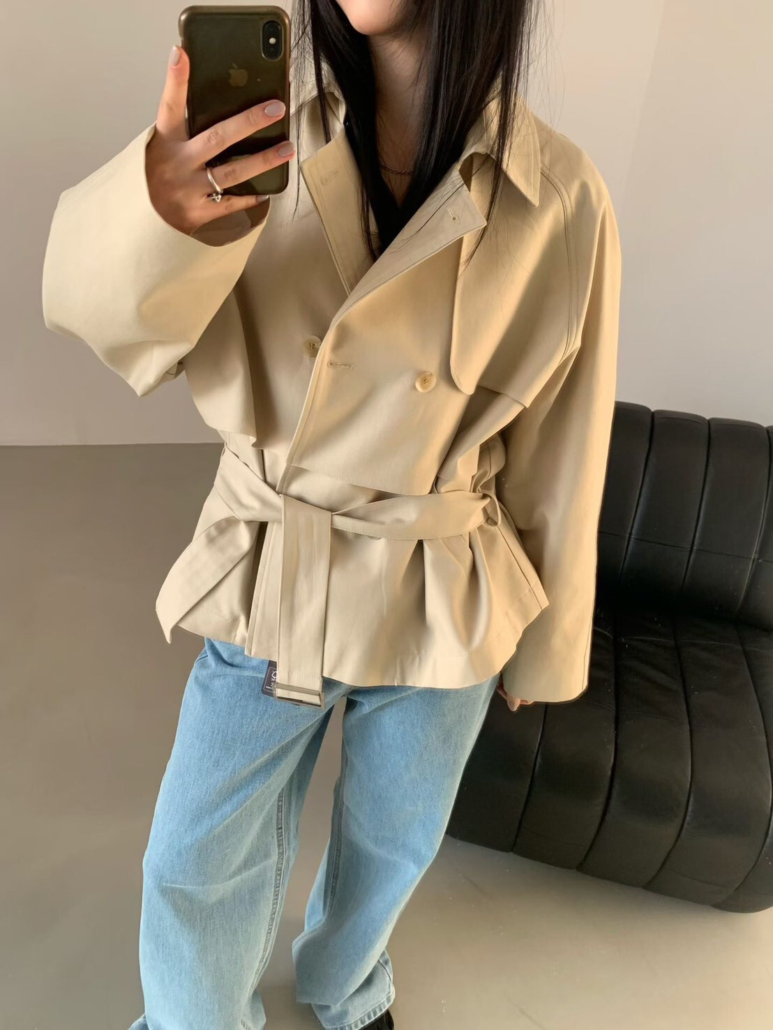 #AF113俐落短版綁帶風衣(杏/深藍)