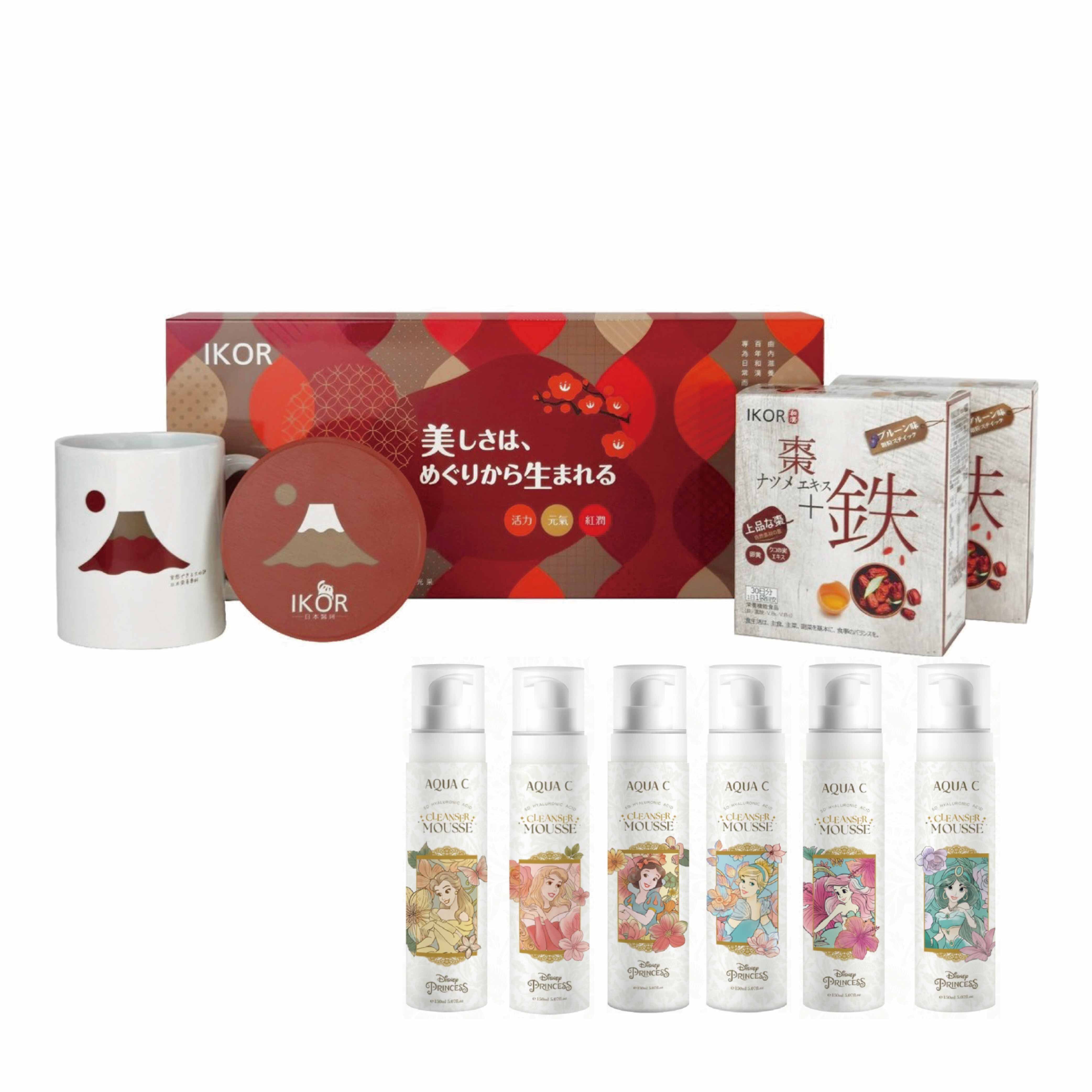 IKOR 和漢氣巡棗鐵顆粒30包x2+棗到紅運杯套組x1+花漾皙迪士尼公主系列5D玻尿酸淨柔慕斯150mlx1瓶