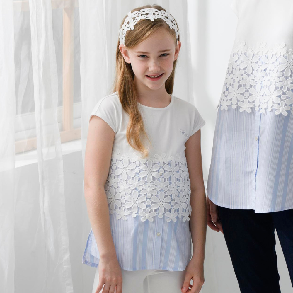 PIPPY 優雅蕾絲剪接圓領短袖長版上衣 (版型偏小)  白