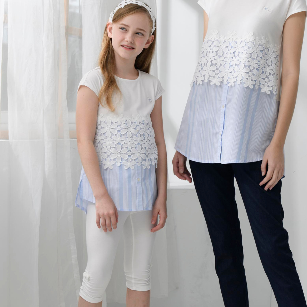 PIPPY 優雅蕾絲剪接圓領短袖長版上衣 (版型偏小)  白