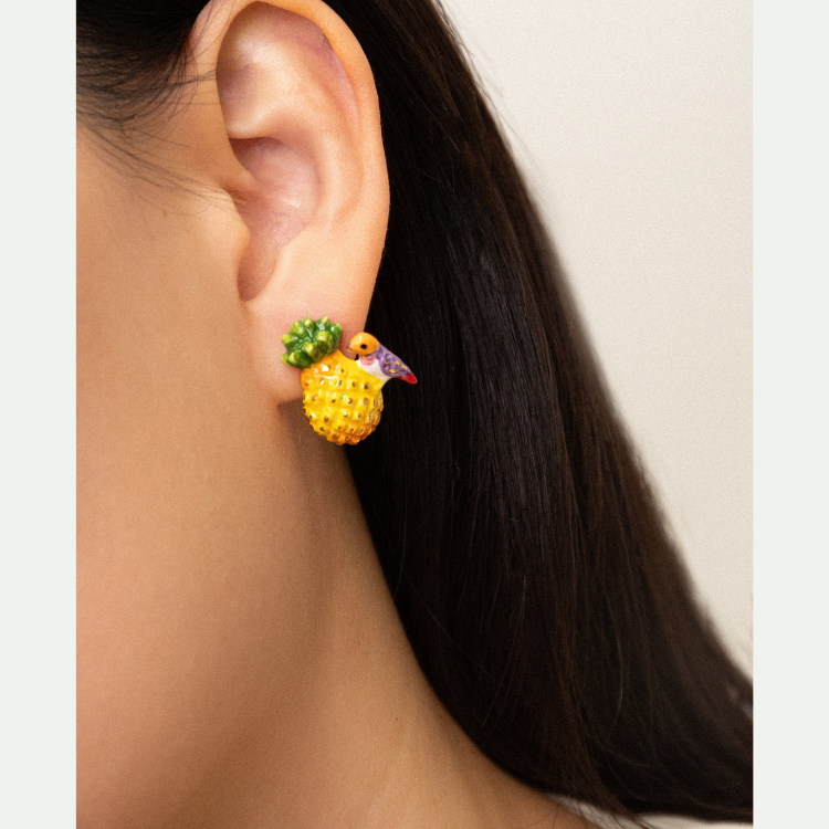 鳳梨與七彩文鳥瓷耳釘