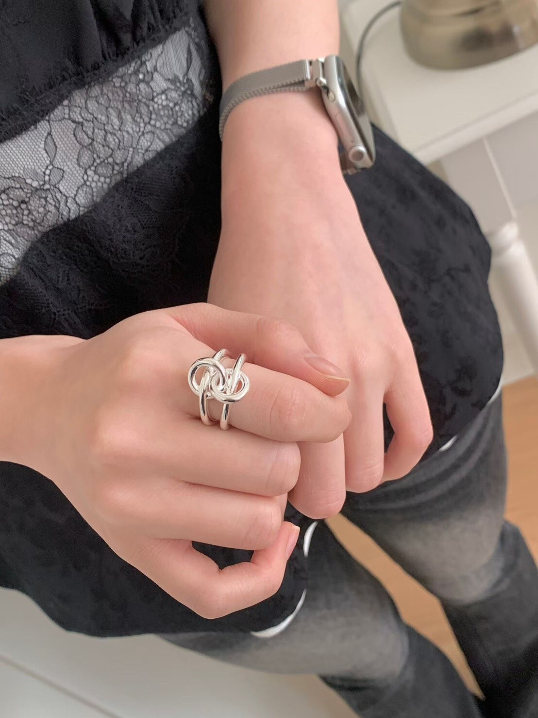 質感銀大小雙圈雙線寬版戒指