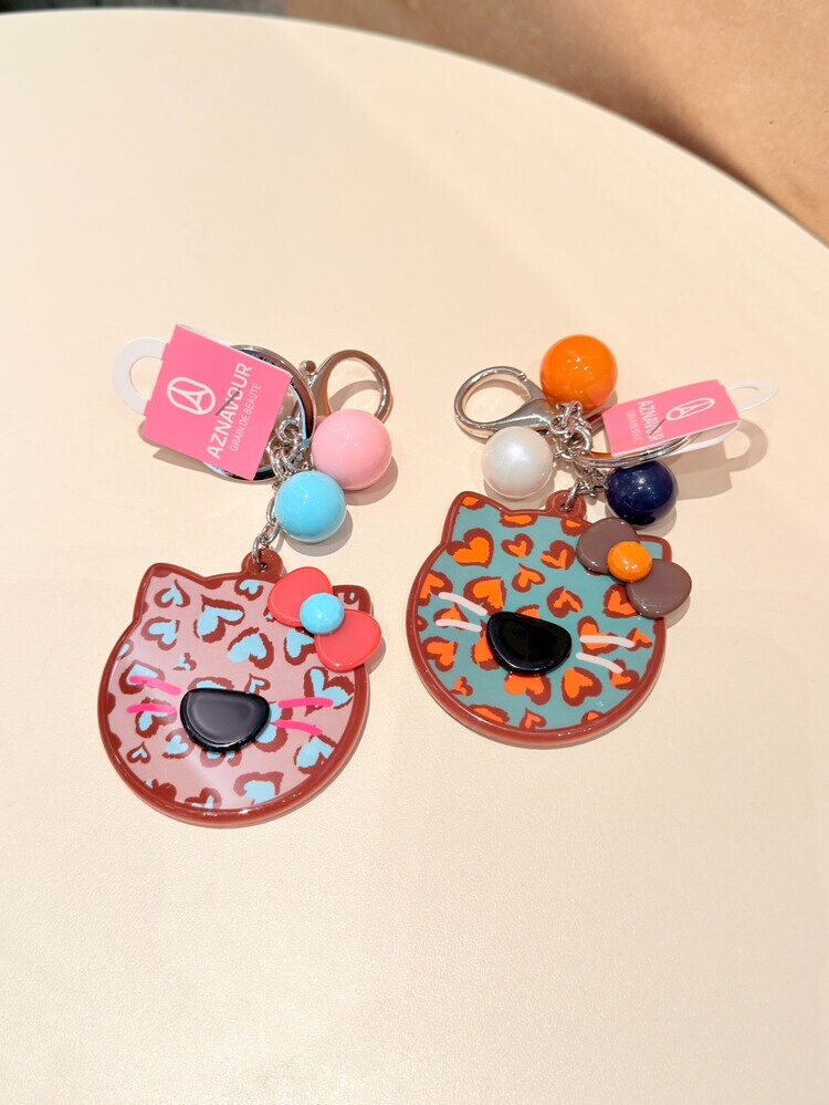 『GD』蝴蝶結豹紋貓咪吊飾(小鏡子)