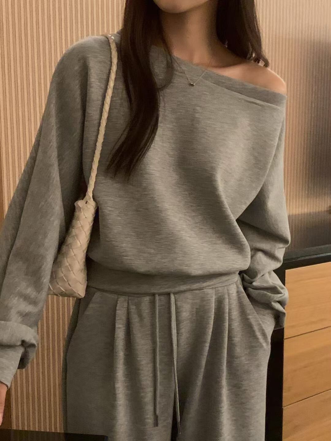 單邊露肩造型縮腰大學TEE+長褲SET / 3色