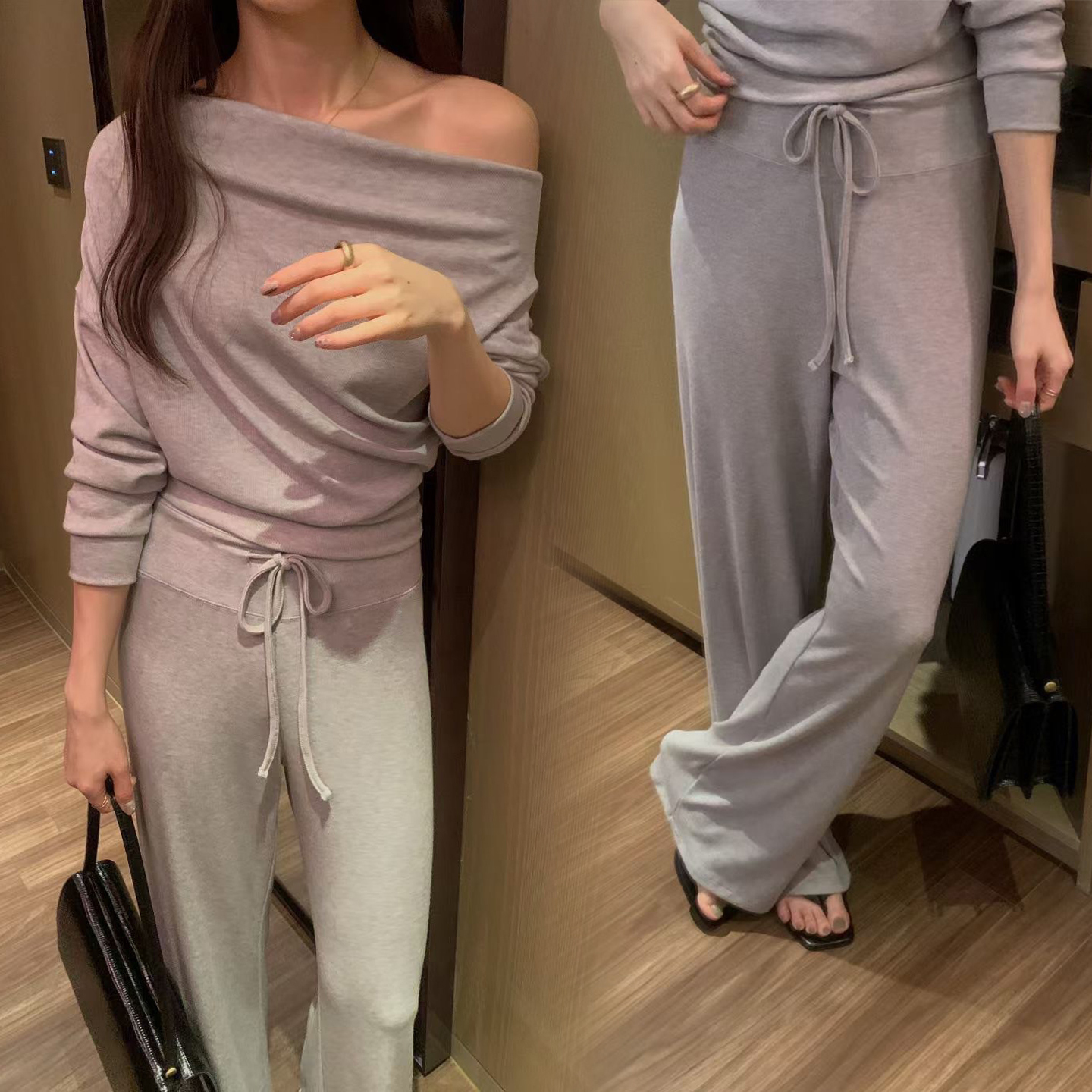 抓摺感露肩上衣+綁帶合身長褲SET / 3色