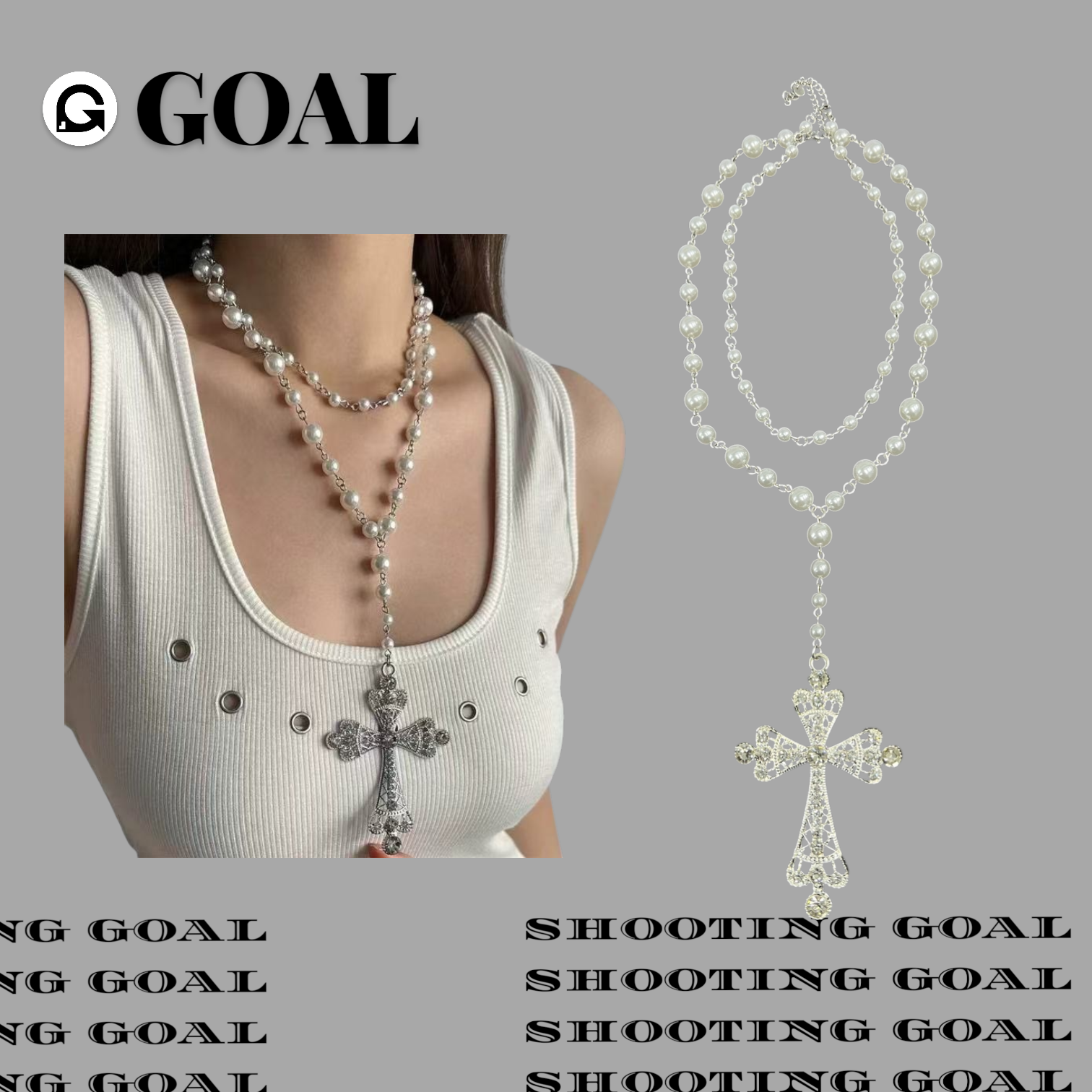 (GOAL) 珍珠十字架長款項鏈
