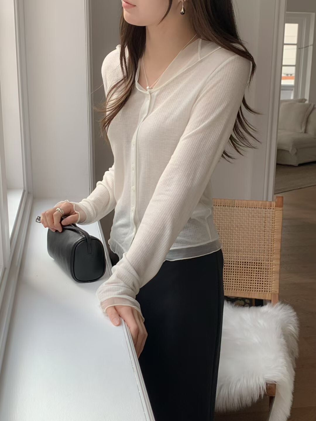 拼接歐根紗領片排釦微透感上衣 / 3色