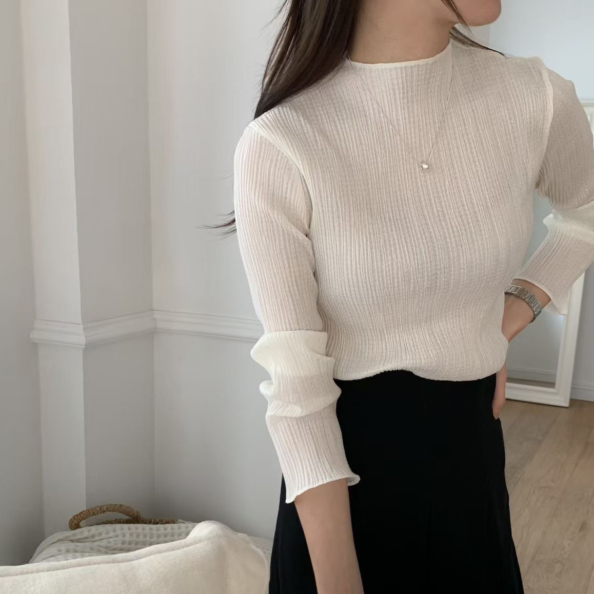 優雅女子直線織紋感後釦式上衣 / 3色