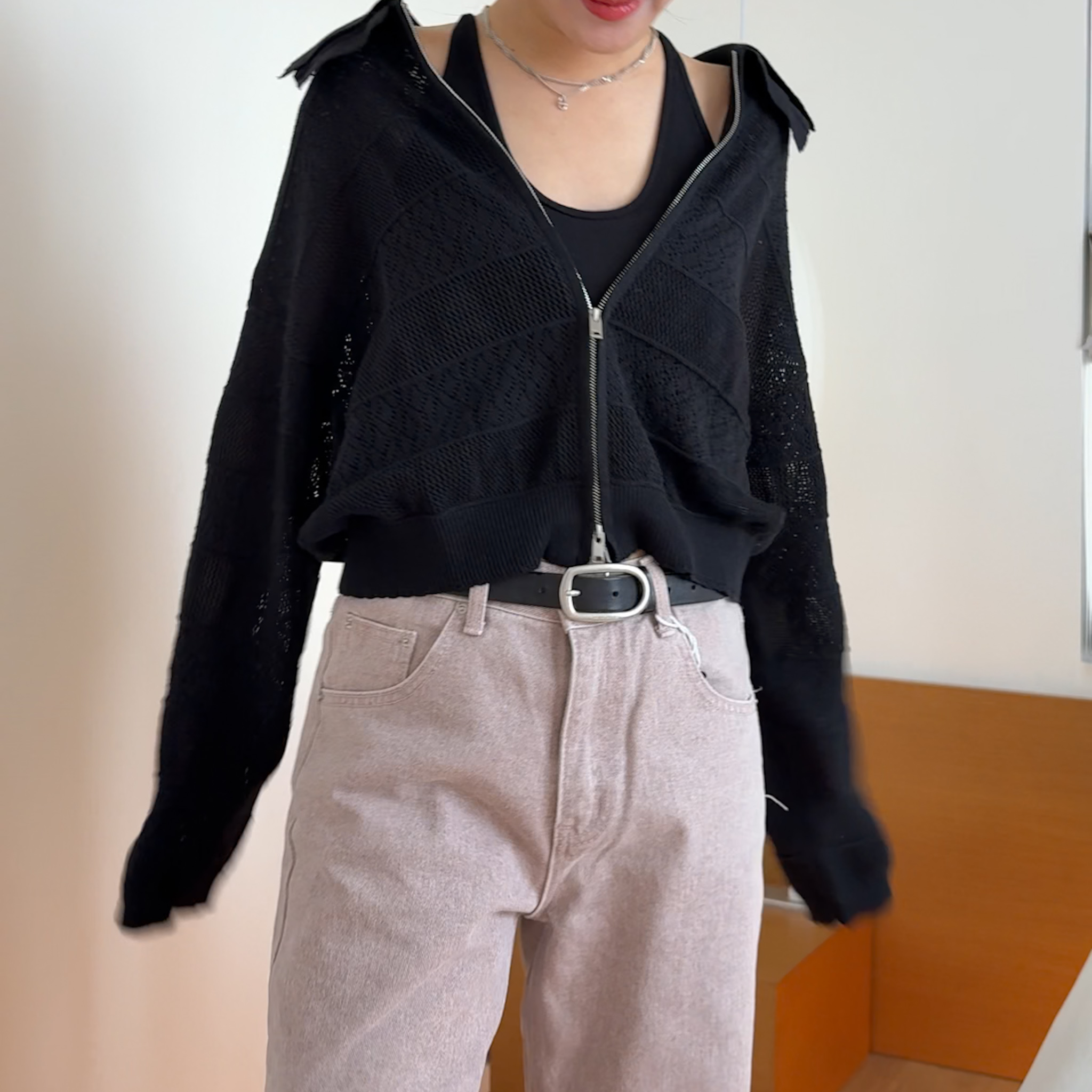 RS02 少見雙層領設計織紋休閒外(黑)