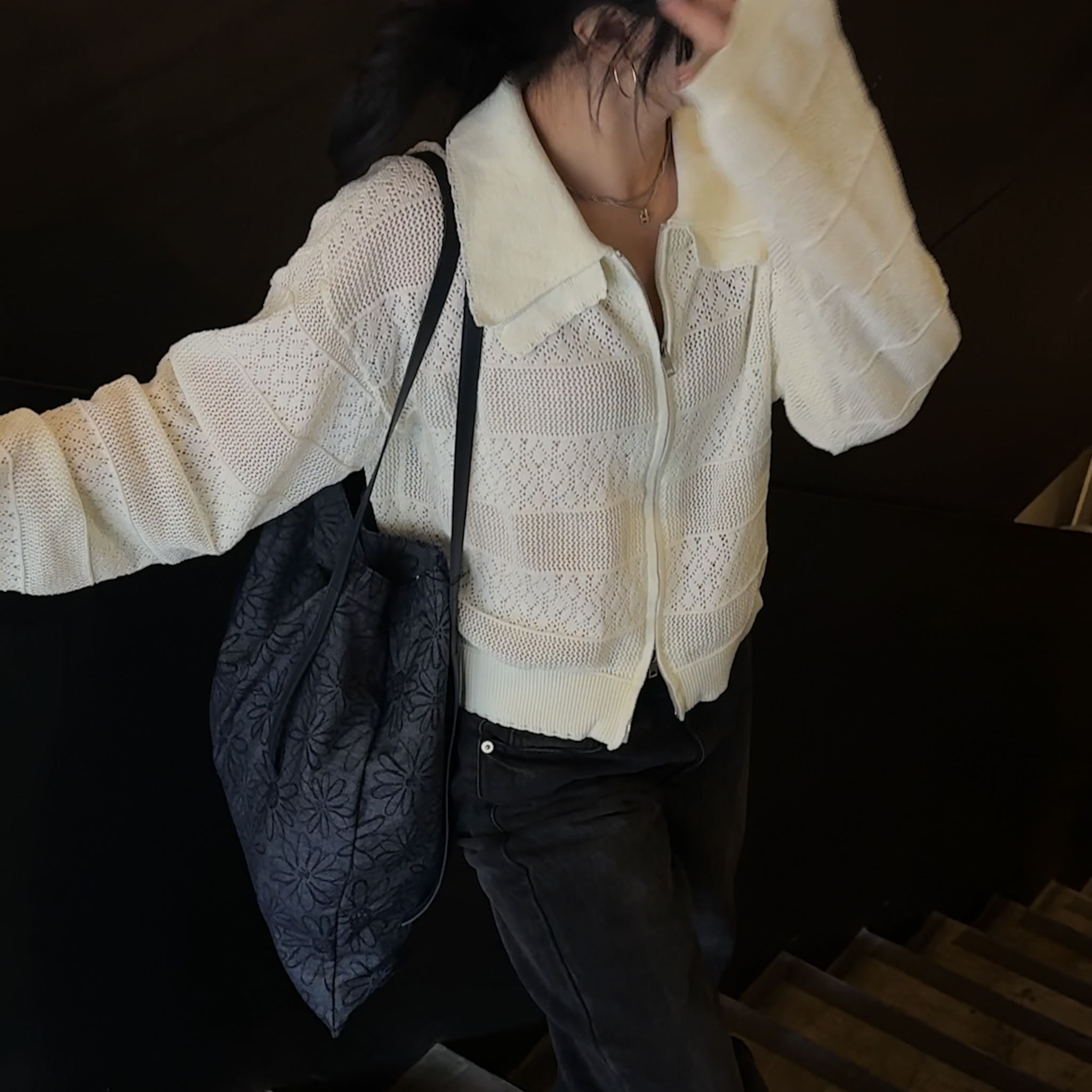 RS02 少見雙層領設計織紋休閒外(奶白)