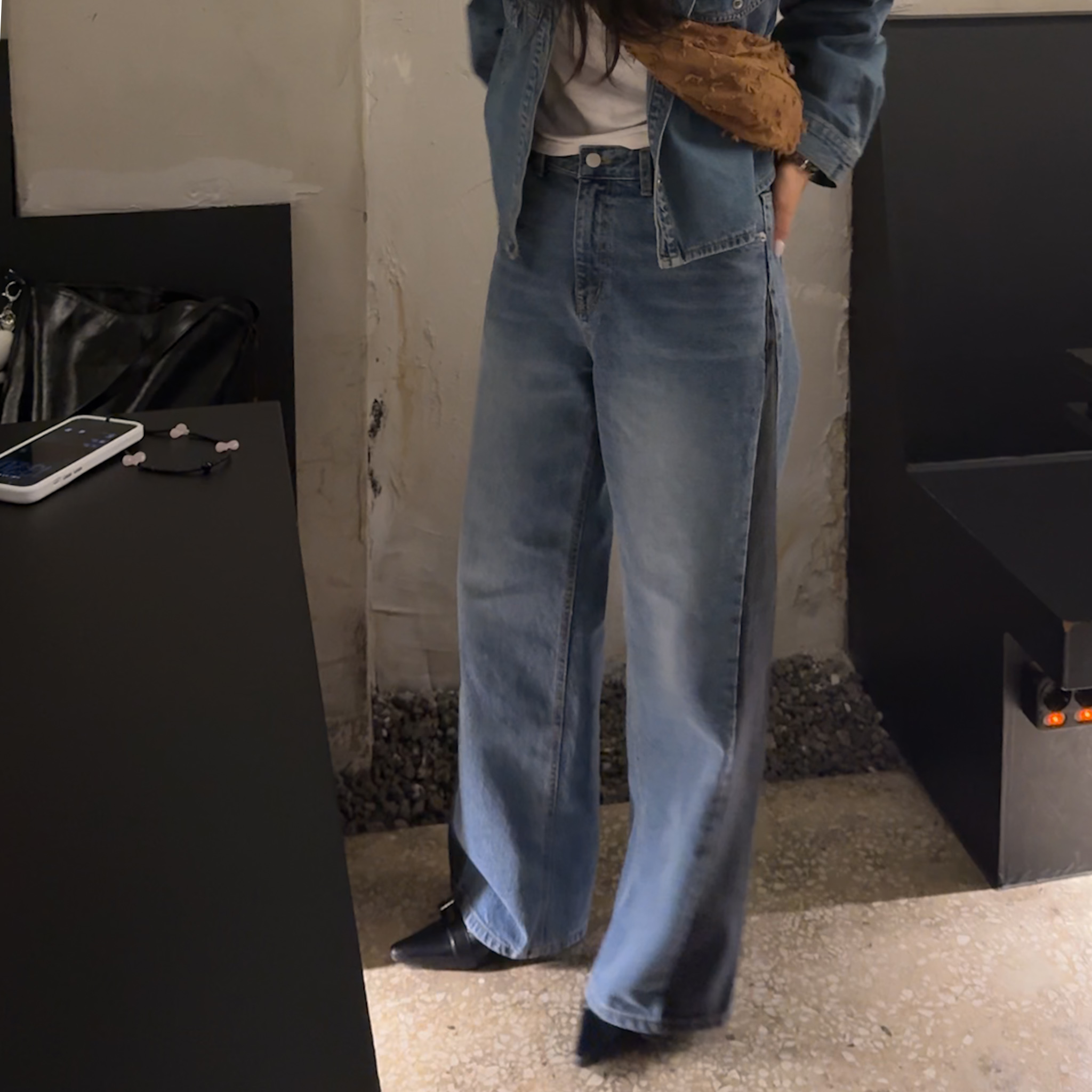 RS04 側邊雙色拼接色水洗牛仔褲(S/M)