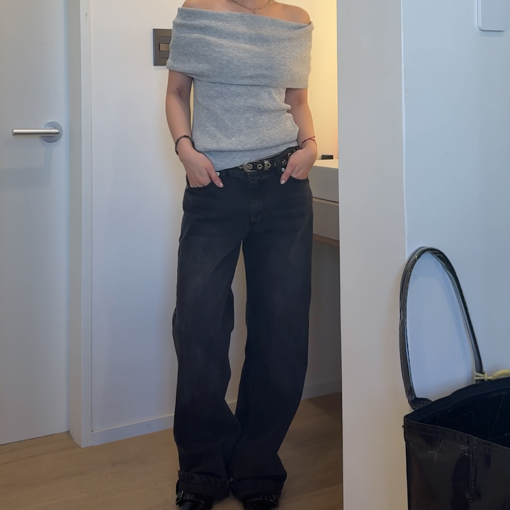 RS05 低腰90s微靴型煙黑刷色牛仔褲(S/M）