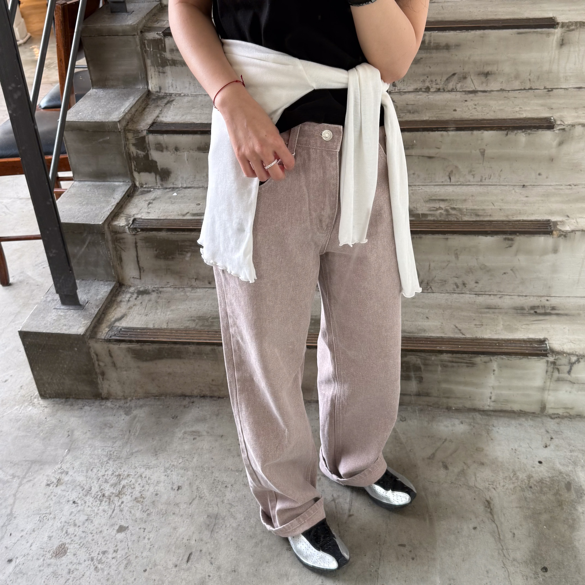 RS06 獨特灰粉水洗直筒牛仔褲(S/M)