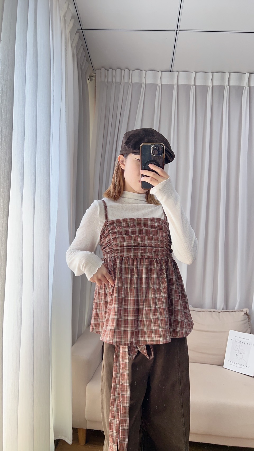 附綁帶格紋後鬆緊背心