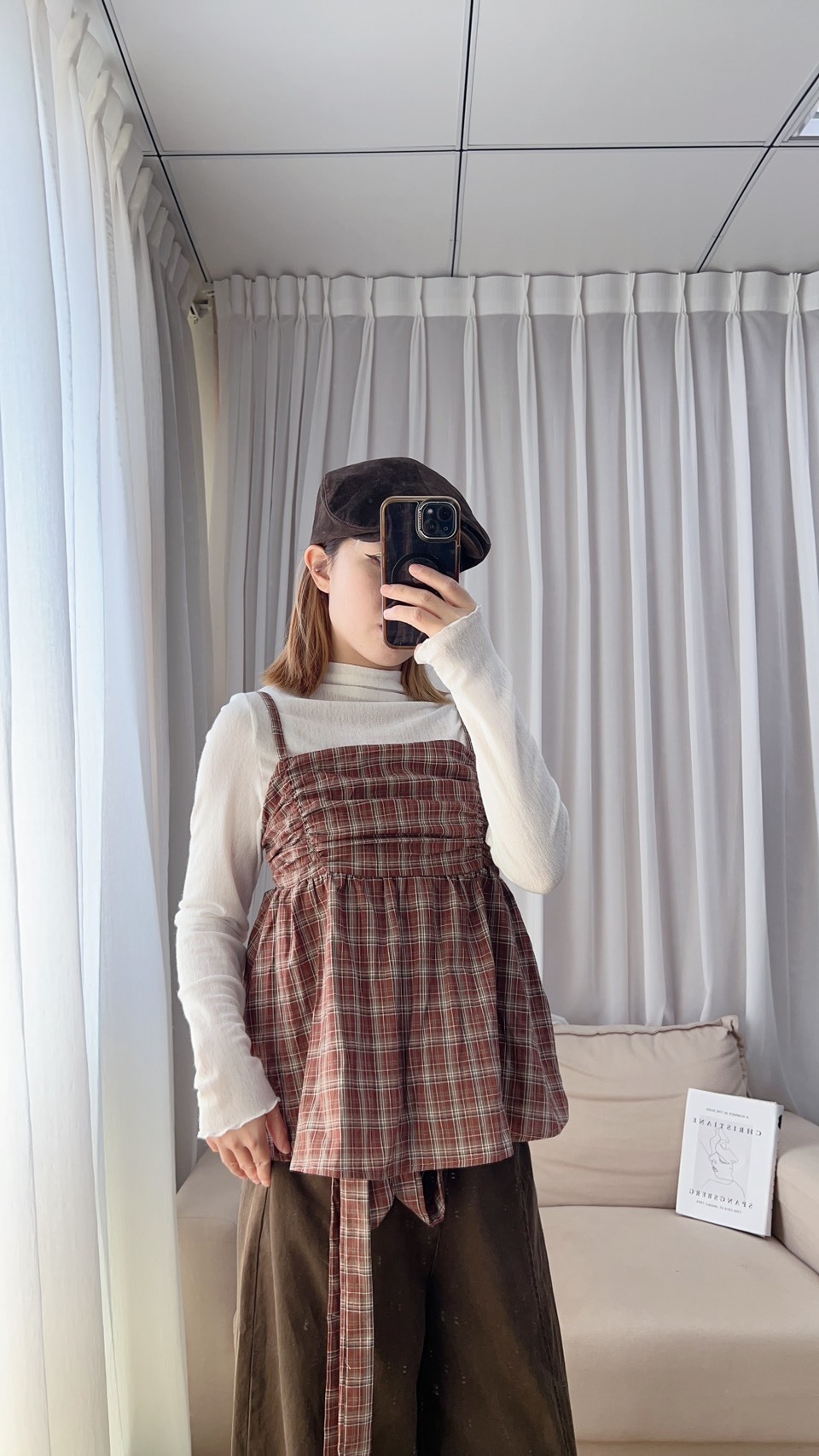 附綁帶格紋後鬆緊背心