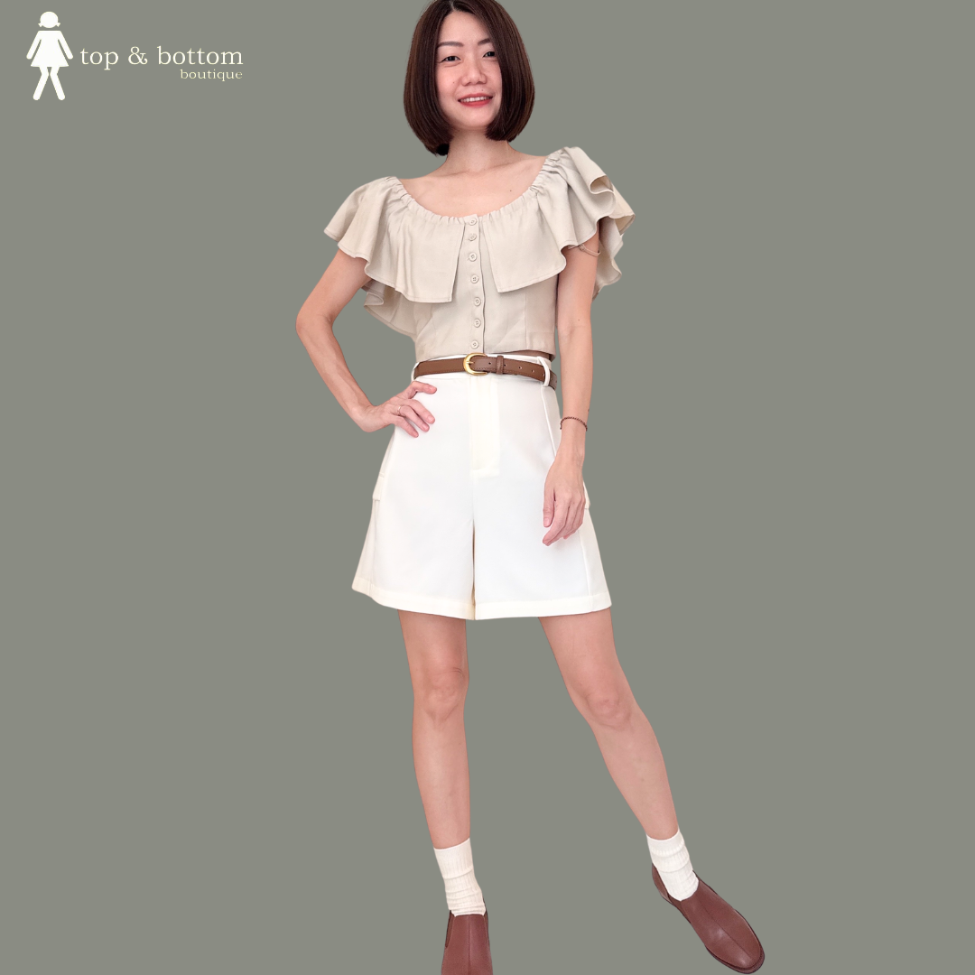 OFF SHOULDER FRILLS BUTTON CROP TOP