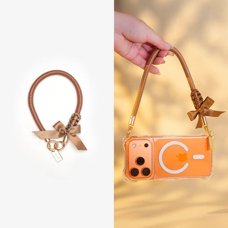 蝴蝶結緞帶皮革繩 (棕咖) 皮革手腕繩 手機掛繩 短掛繩