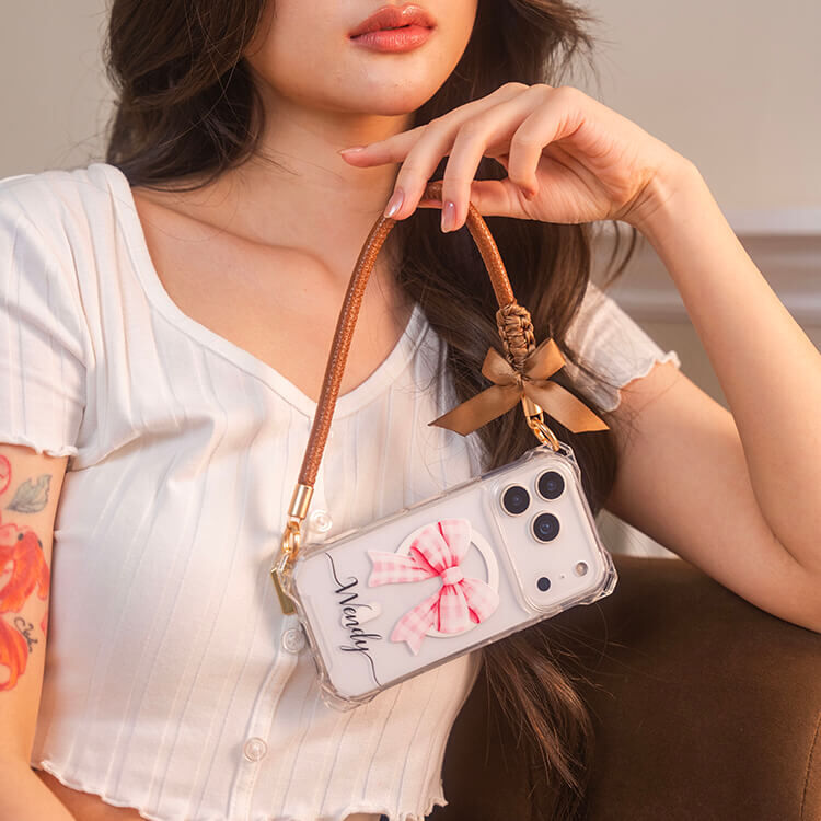 蝴蝶結緞帶皮革繩 (棕咖) 皮革手腕繩 手機掛繩 短掛繩