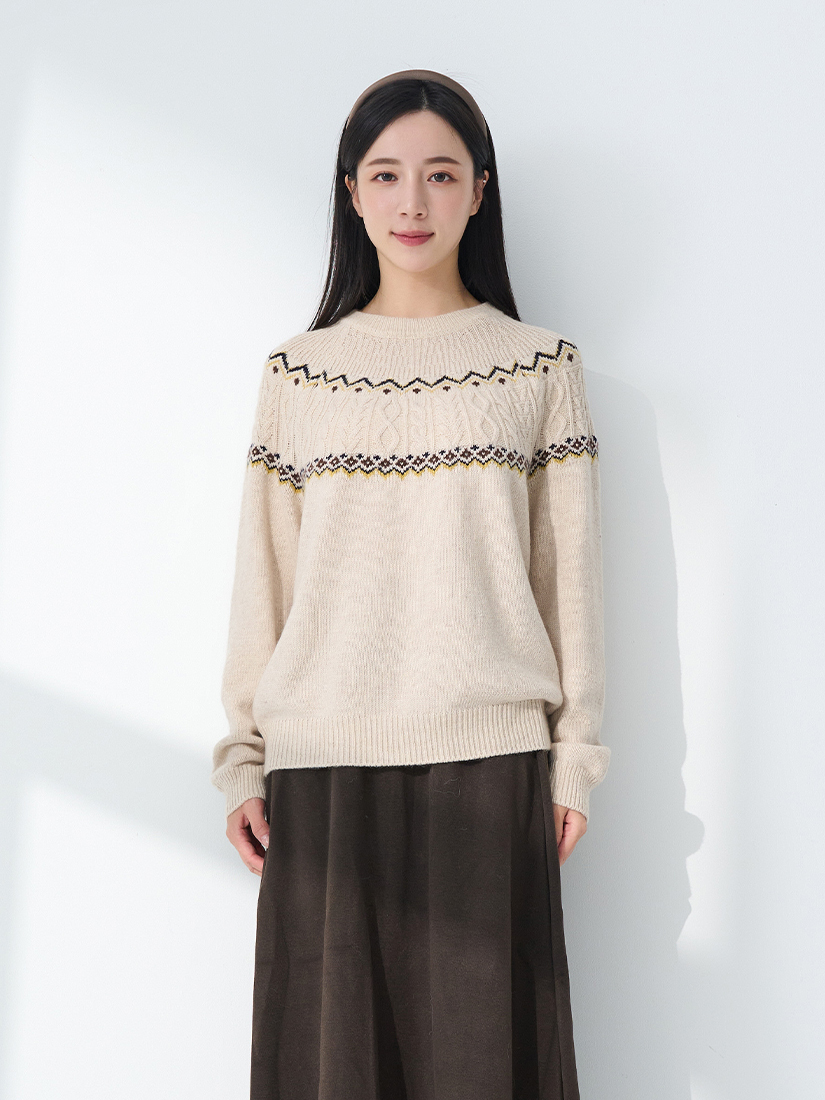 圖騰織紋圓領針織毛衣