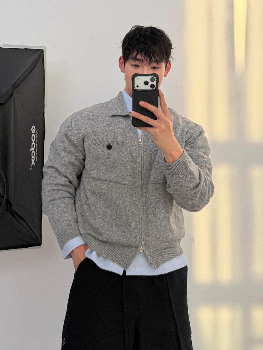 口袋短款拉鍊針織衫