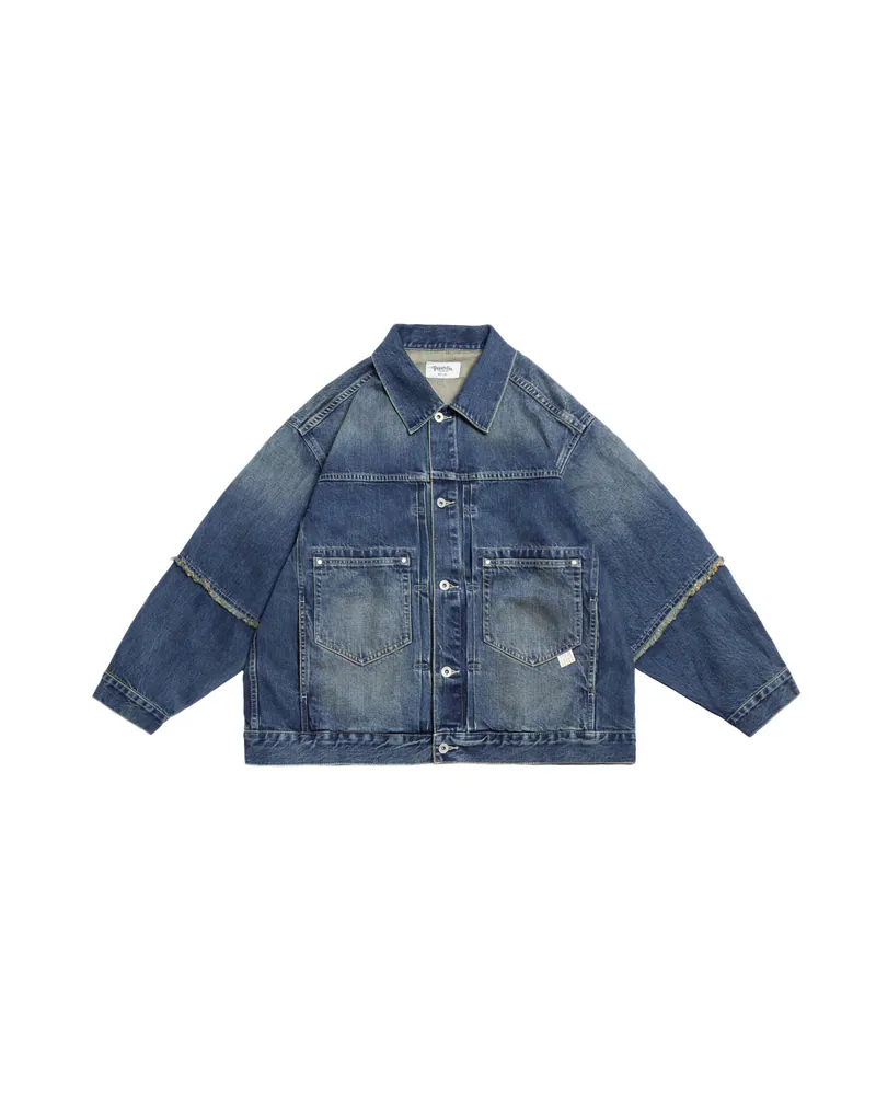PERSEVERE VINTAGE-WASHED FRAYED DENIM JACKET - WASHED BLUE