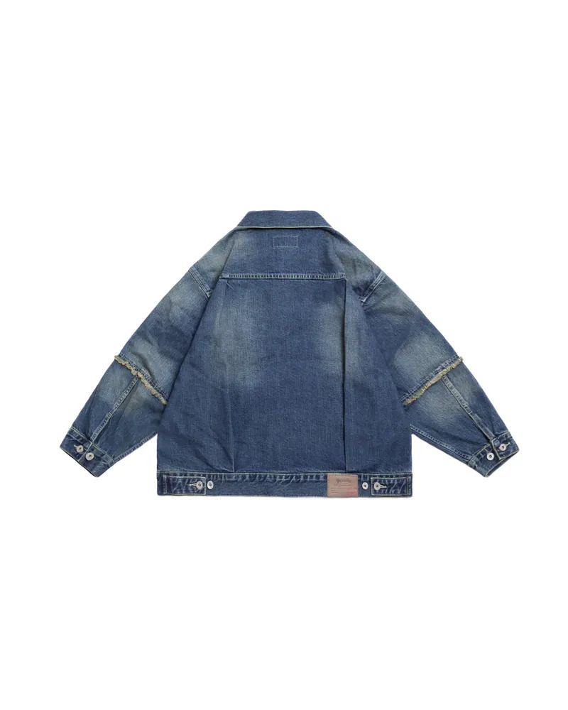 PERSEVERE VINTAGE-WASHED FRAYED DENIM JACKET - WASHED BLUE