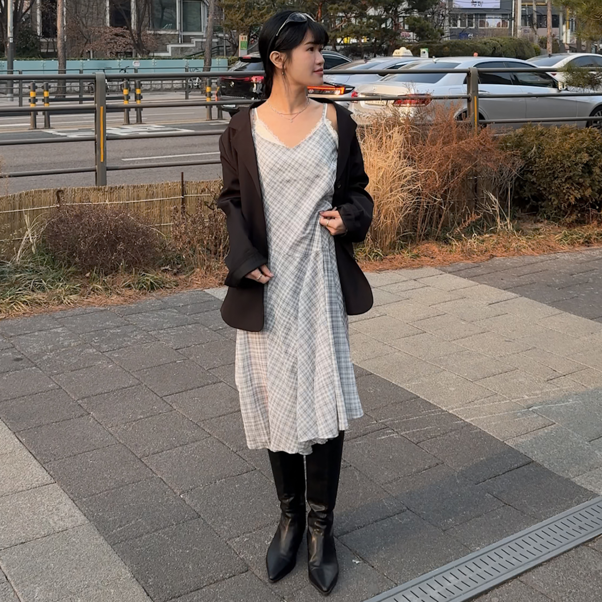 RS08 不對稱下擺細肩格紋洋