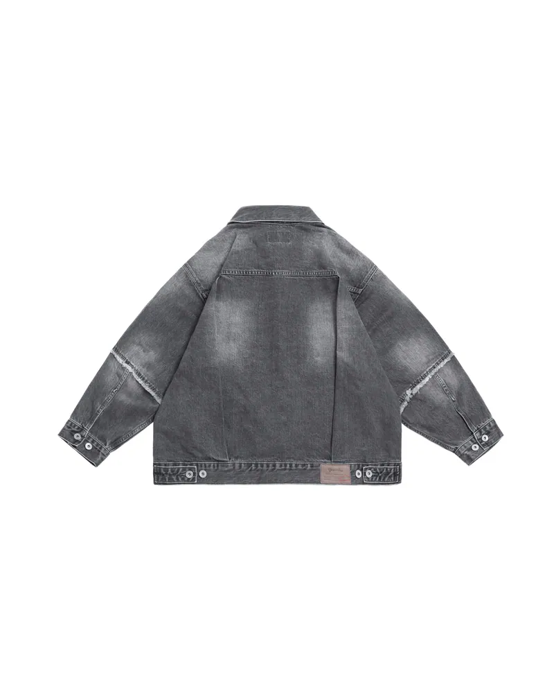 PERSEVERE VINTAGE-WASHED FRAYED DENIM JACKET - WASHED BLACK