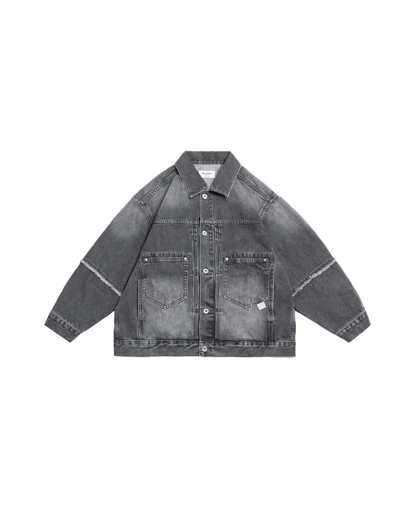 PERSEVERE VINTAGE-WASHED FRAYED DENIM JACKET - WASHED BLACK