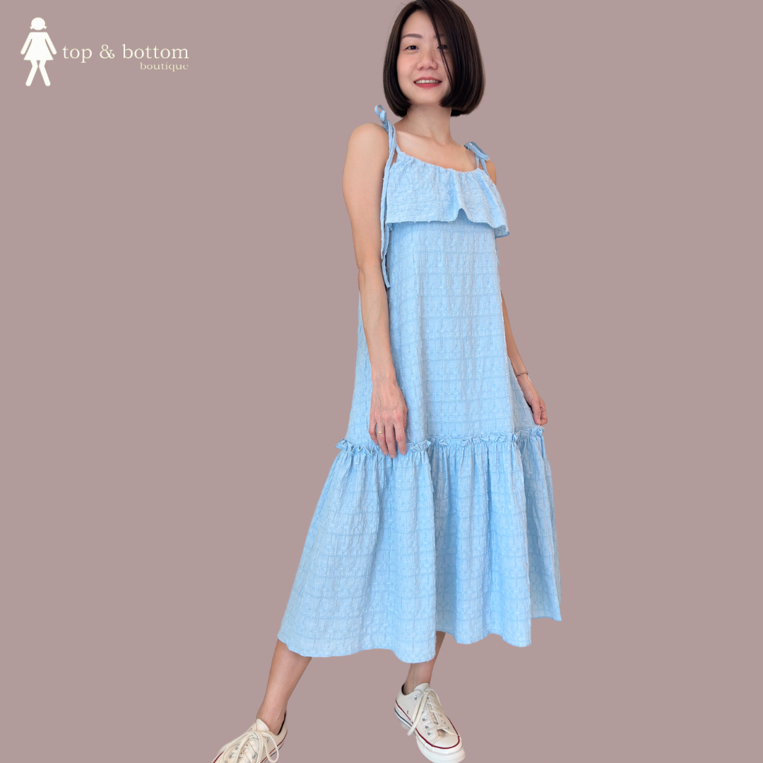 RIBBON STRAP TIERED MIDI DRESS