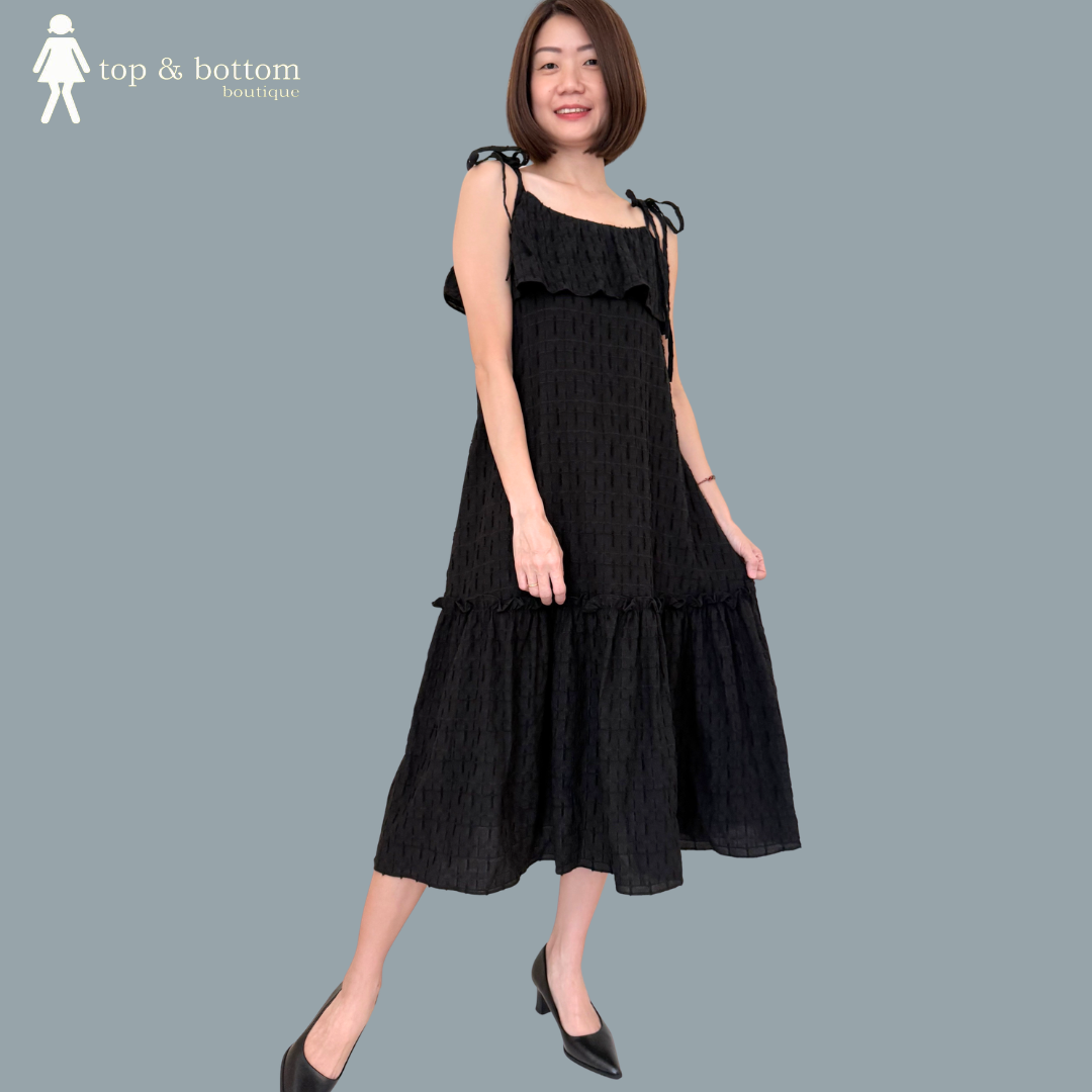 RIBBON STRAP TIERED MIDI DRESS