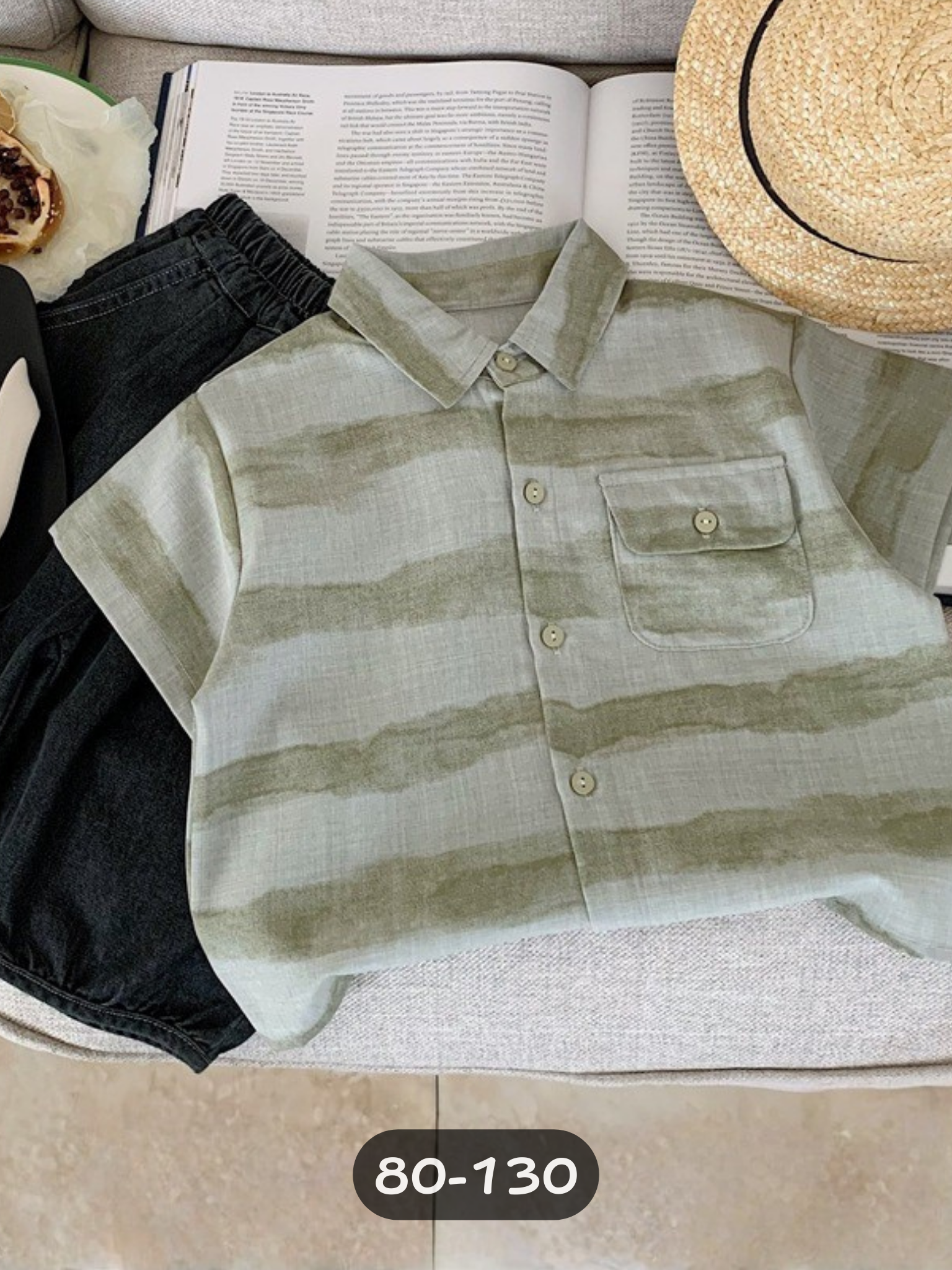 灰綠條紋 短袖襯衫