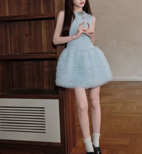 皺皺網紗 寶寶藍俏麗洋裝