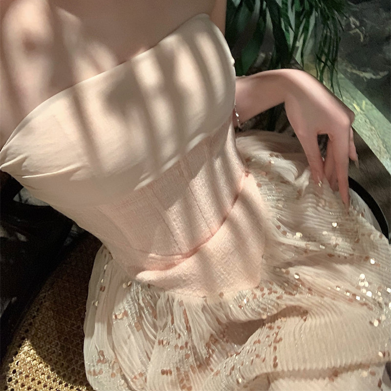 網紗平口 玫瑰金亮片洋裝