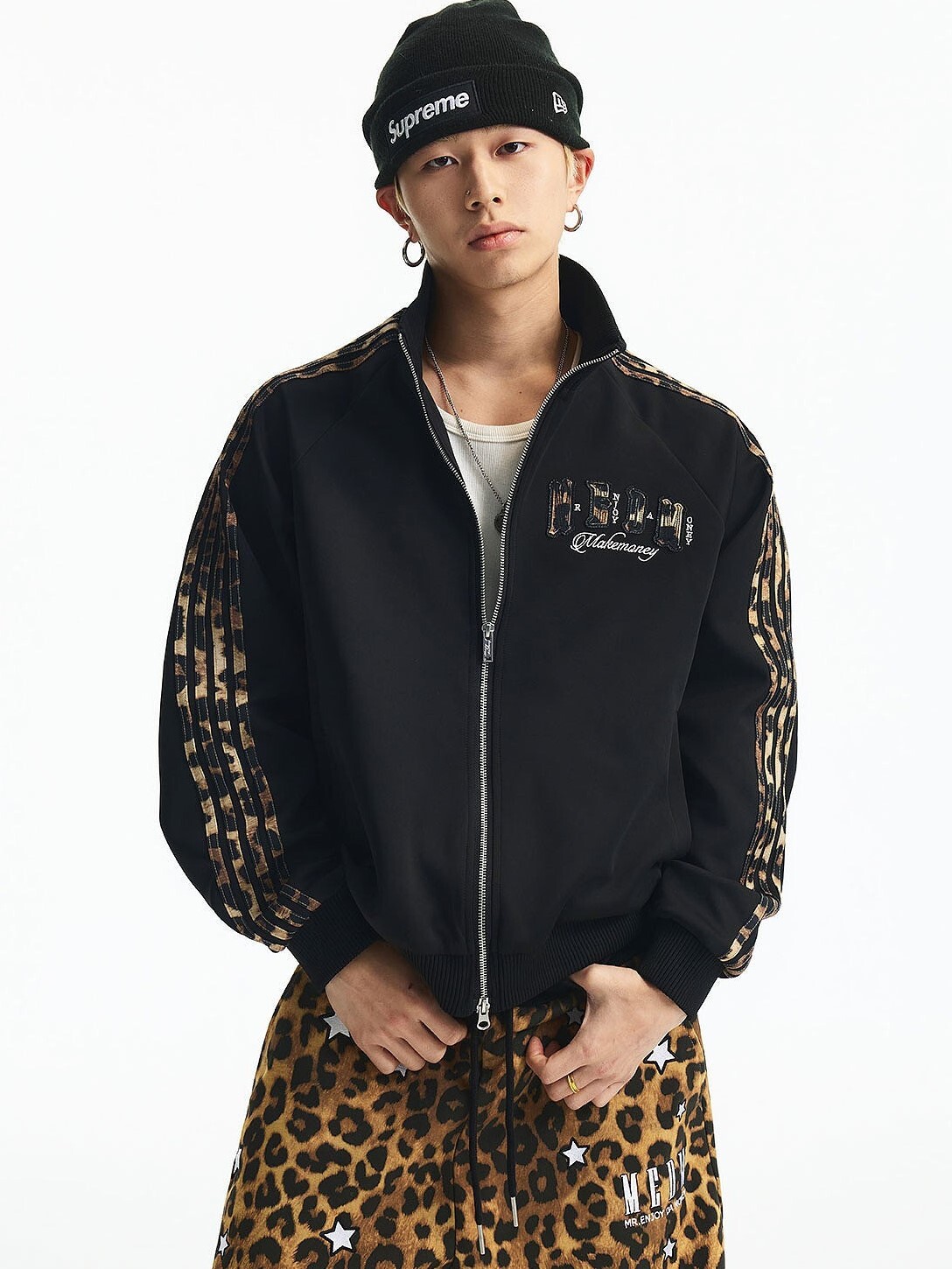 MEDM  豹紋貼布刺繡Logo  條紋織帶 拼接運動夾克 外套