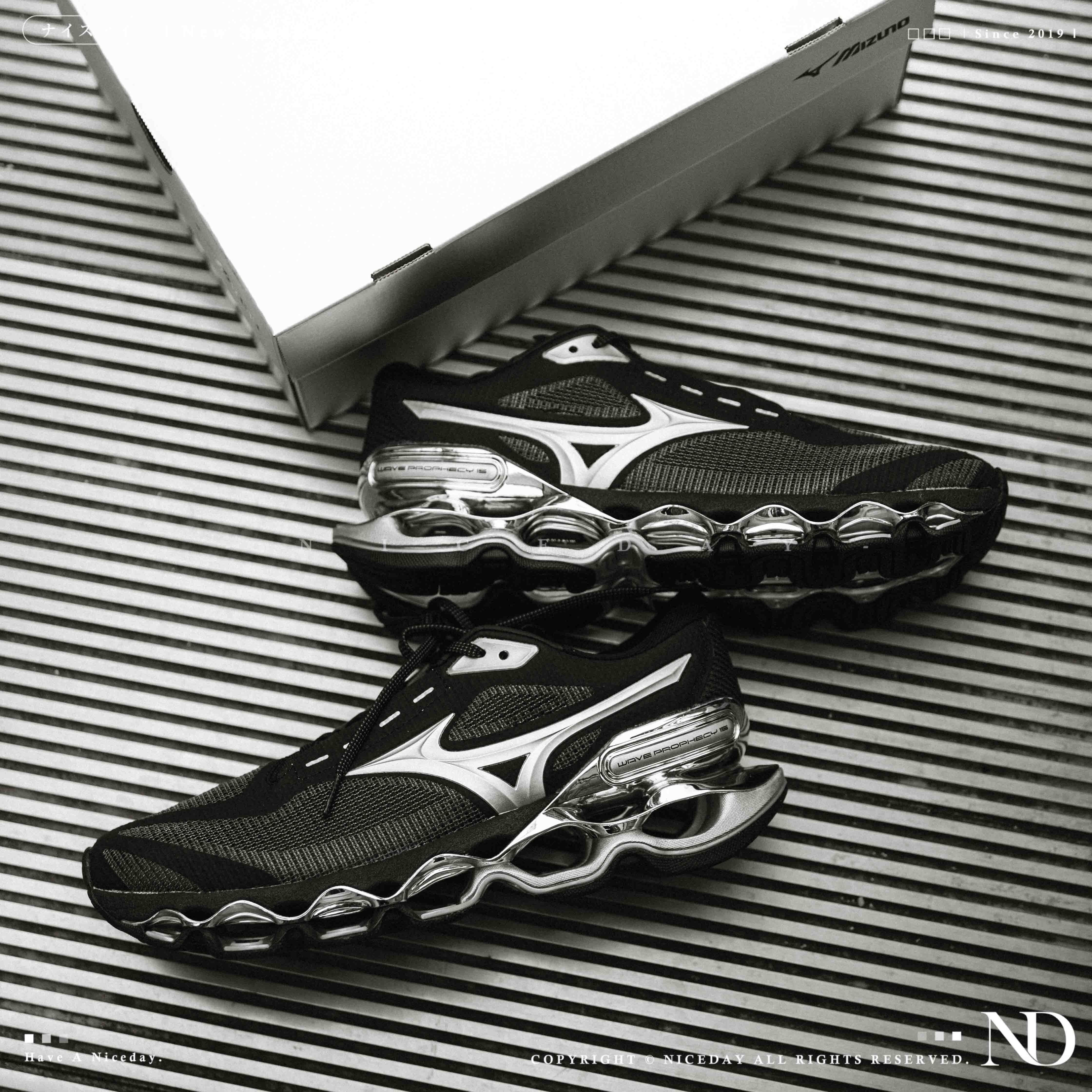 NICEDAY 代購 MIzuno Wave Prophecy 15 黑銀 彈簧 金屬 未來 液態銀 機能 簍空 J1GC265035