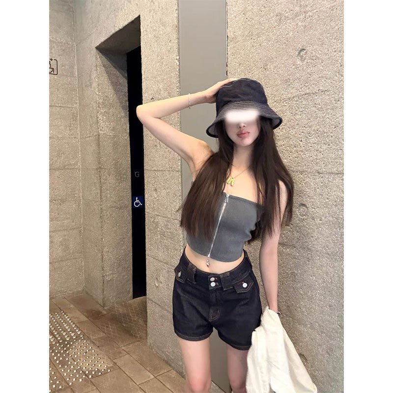 深藍牛仔 高腰短褲