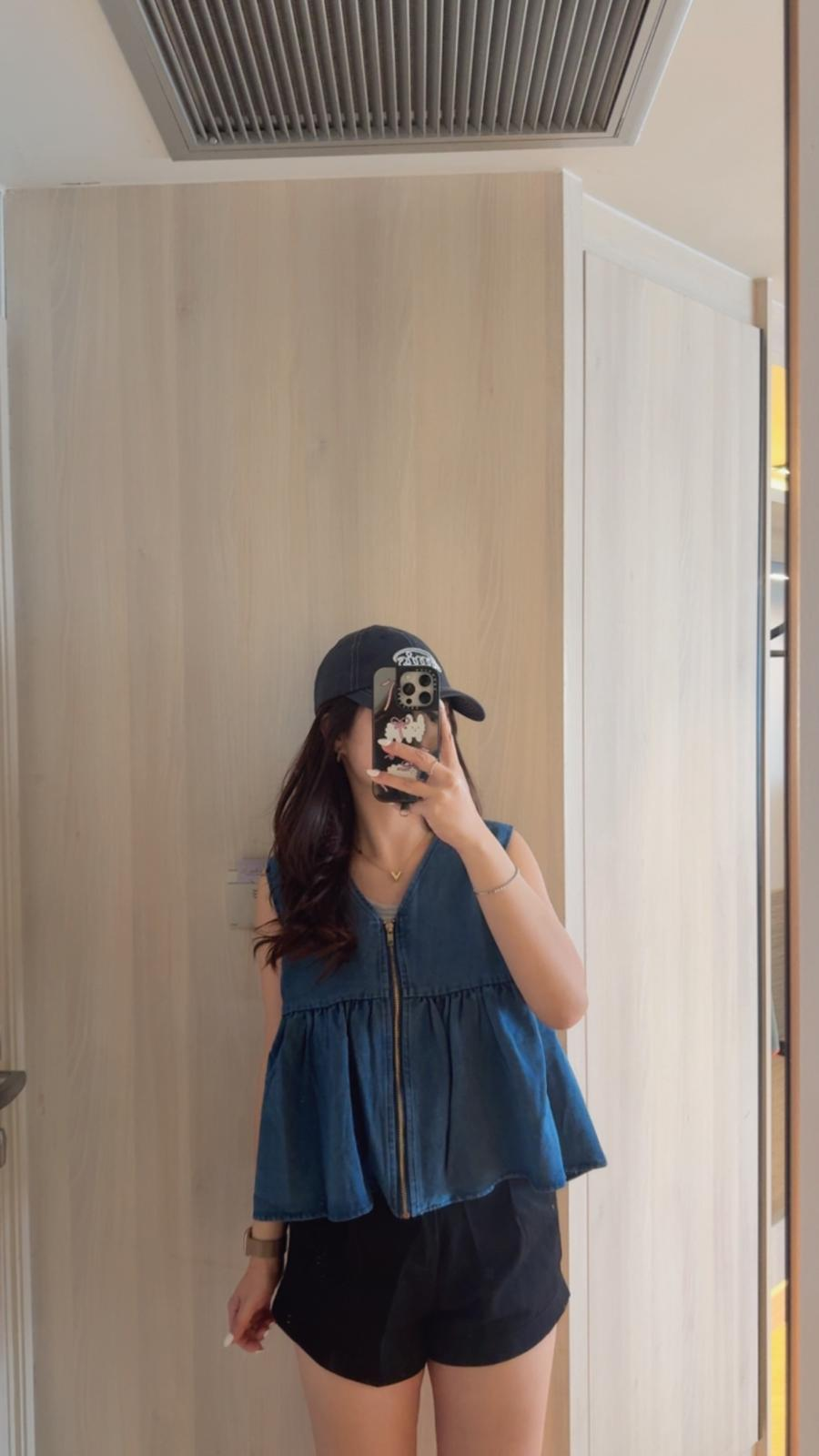 V領拉鍊牛仔背心(深藍色)