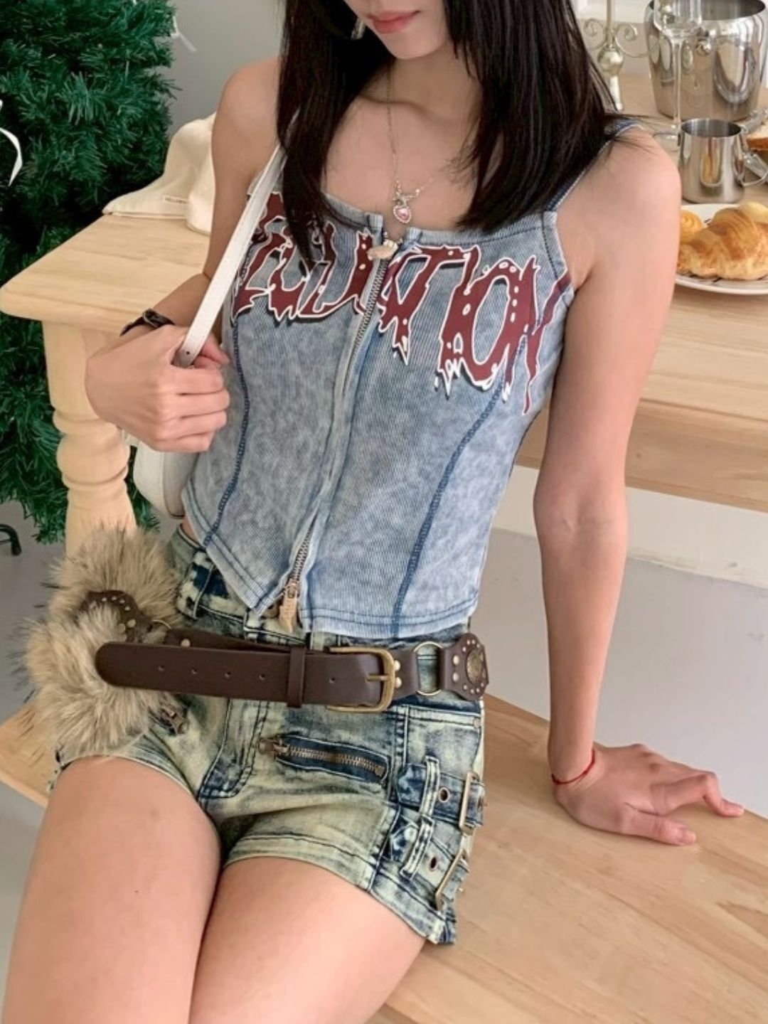 美式主義雙拉鏈丹寧背心