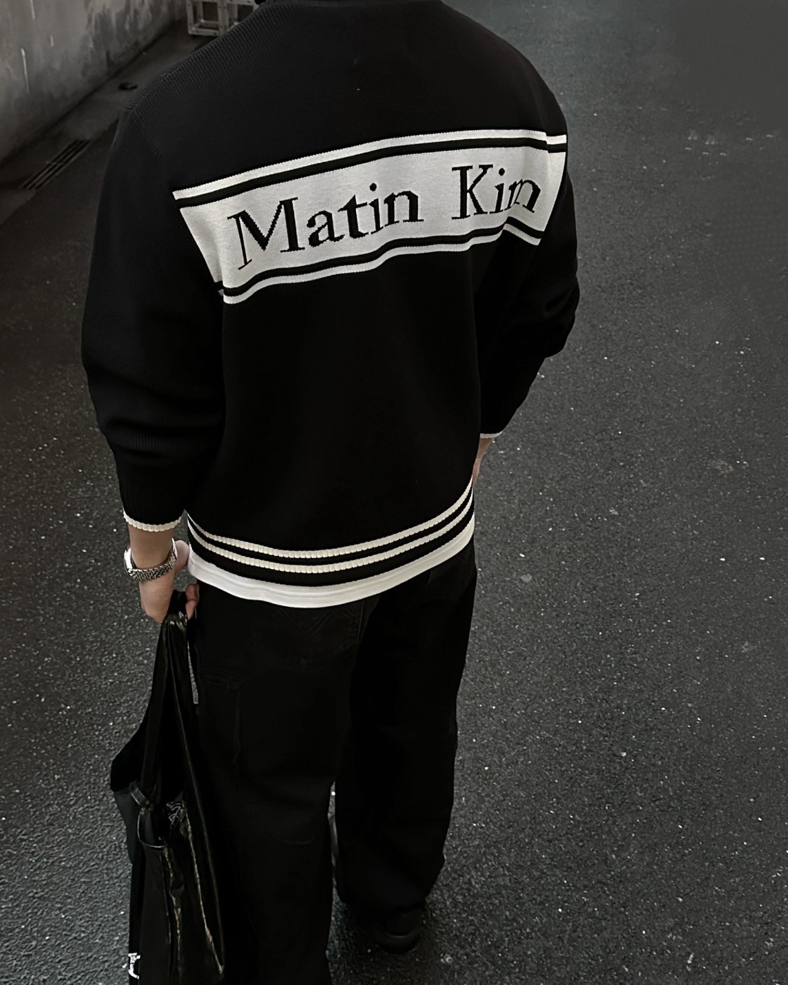 Matin Kim 條紋 雙拉鍊 針織 外套 黑