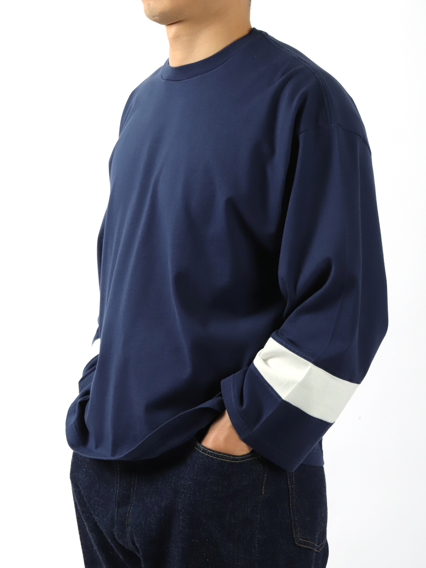 AWASA Panel Sleeve Comfortable T-Shirts Navy x White