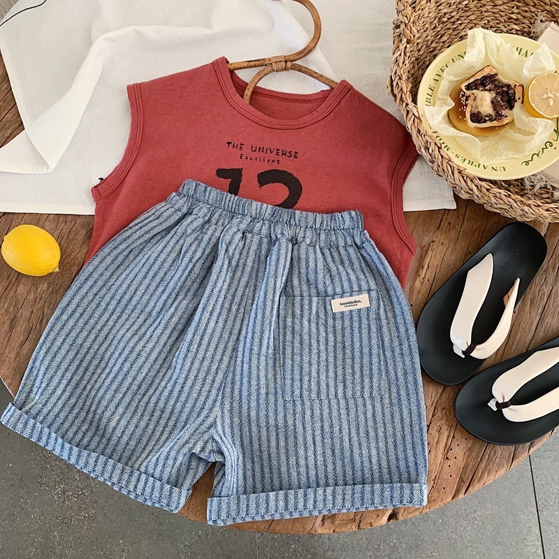 藍條紋棉麻短褲