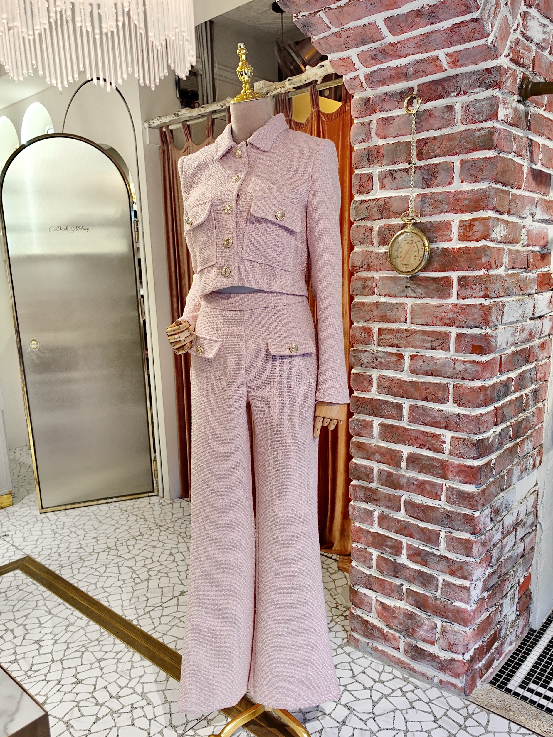 Baby Pink粉紅色毛呢金釦短外套+高腰長褲套裝