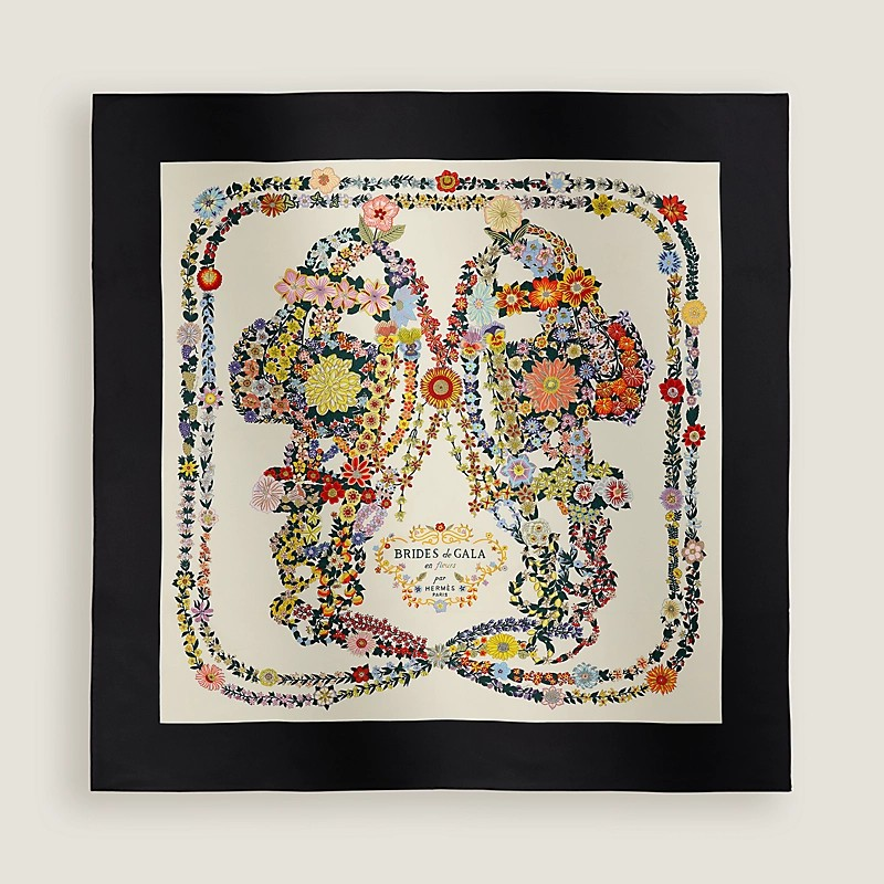 1YK0312-004 [HERMES] Brides de Gala en Fleurs Scarf 90 Noir #H004192S 05 (BR)