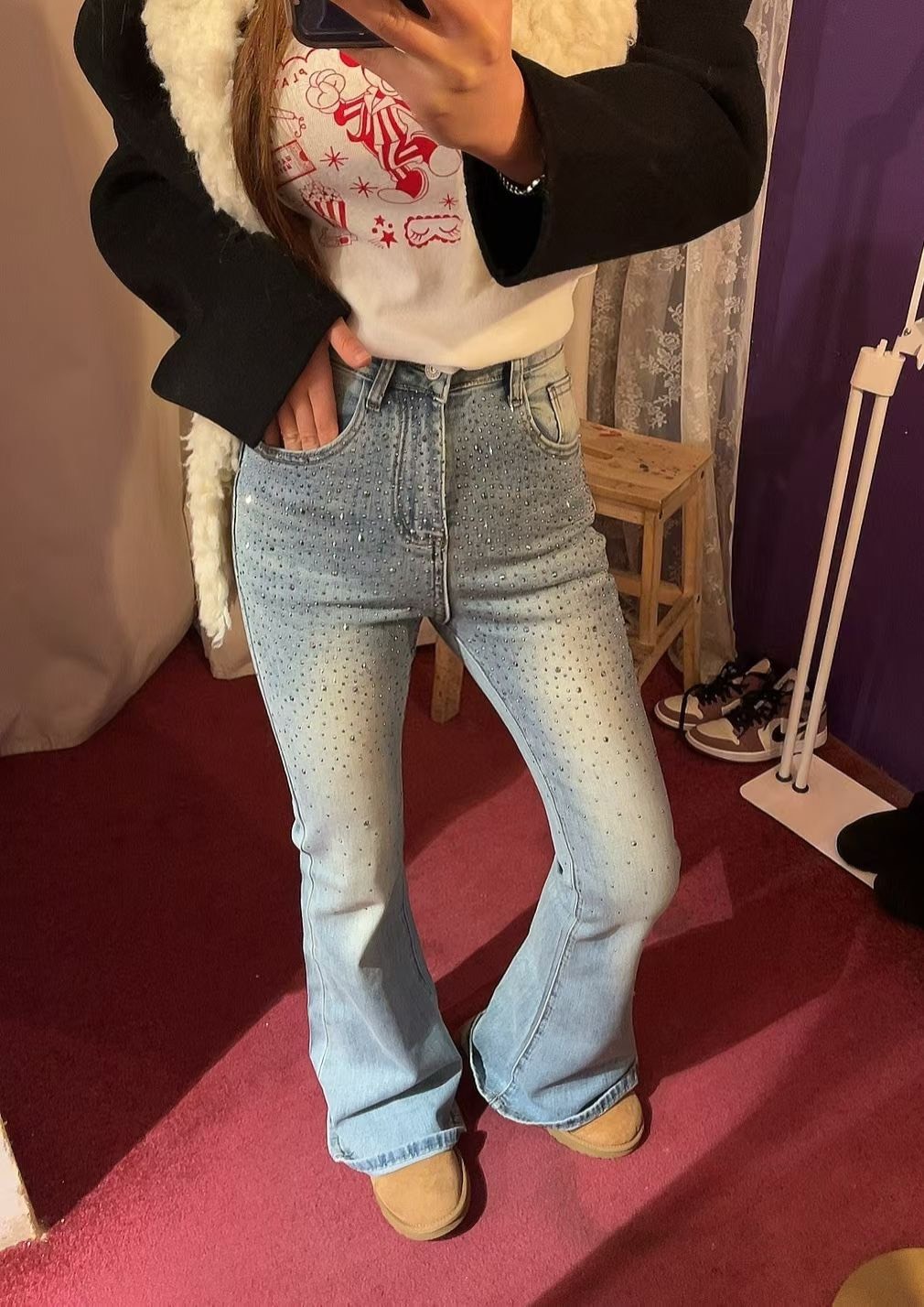 滿天星閃鑽喇叭牛仔長褲